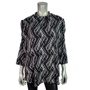 Ophelia Roe Top Plus Size 1X Ruched Sleeve Stretch Round Neck‎ 3/4 Sleeve Black